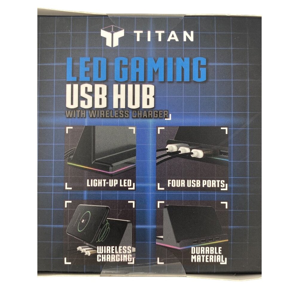 Titan LED Gaming USB Hub w Wireless Charger 4 Port USB 2.0 RGB NEW